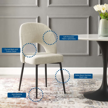 Beige curved-back dining chair with soft fabric upholstery, matte black stainless legs and non-marking feet; modern dining seating.