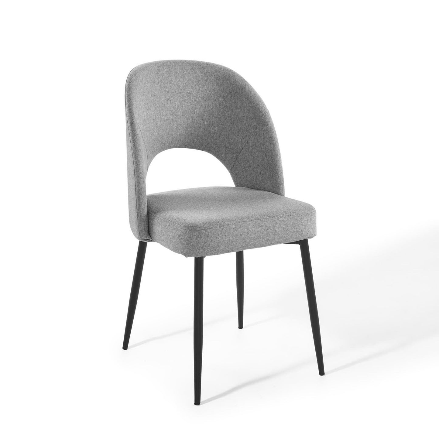 Light gray upholstered dining chair with rounded back, arch opening, and black tapered legs.