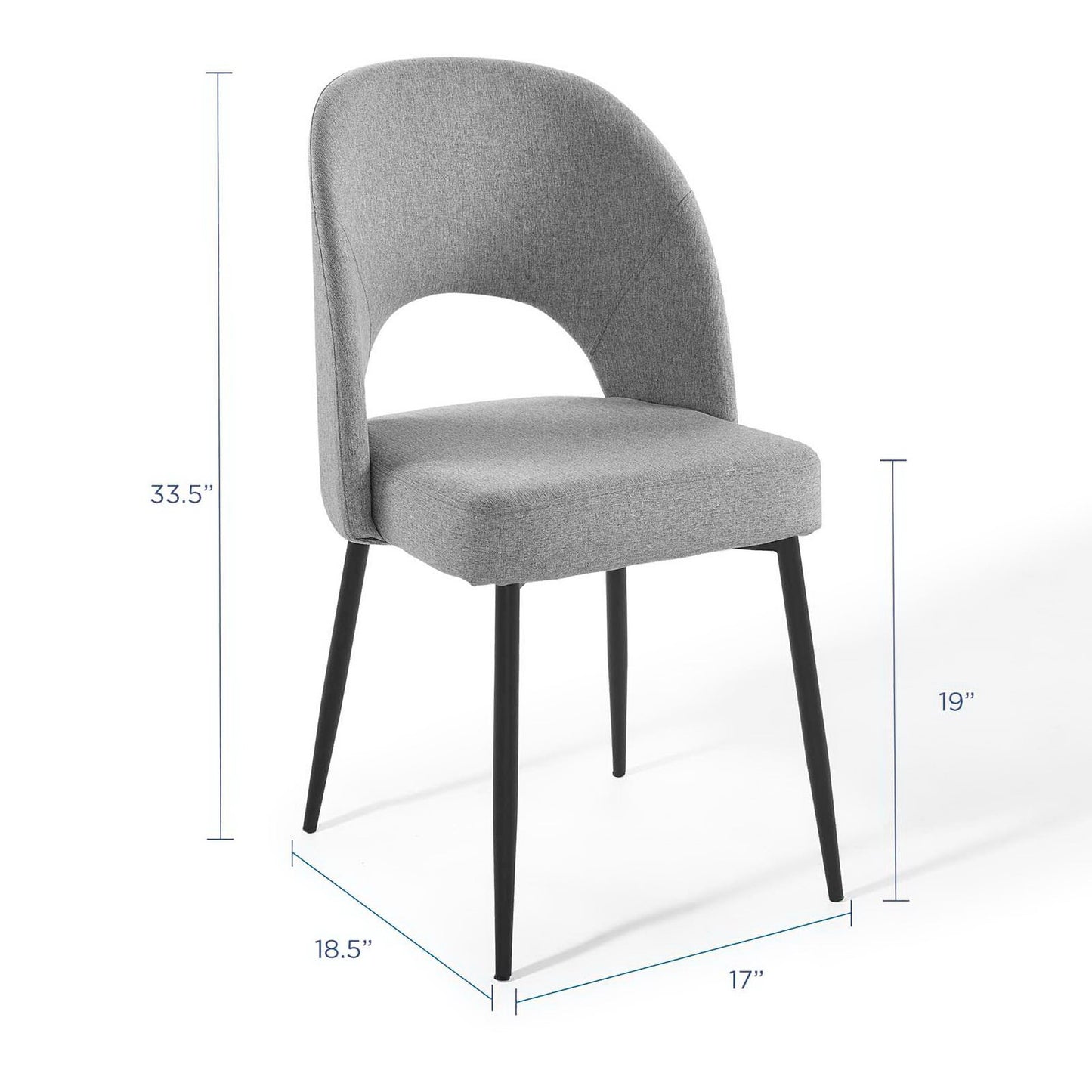 Gray upholstered dining side chair with curved back and open cutout, black tapered legs.