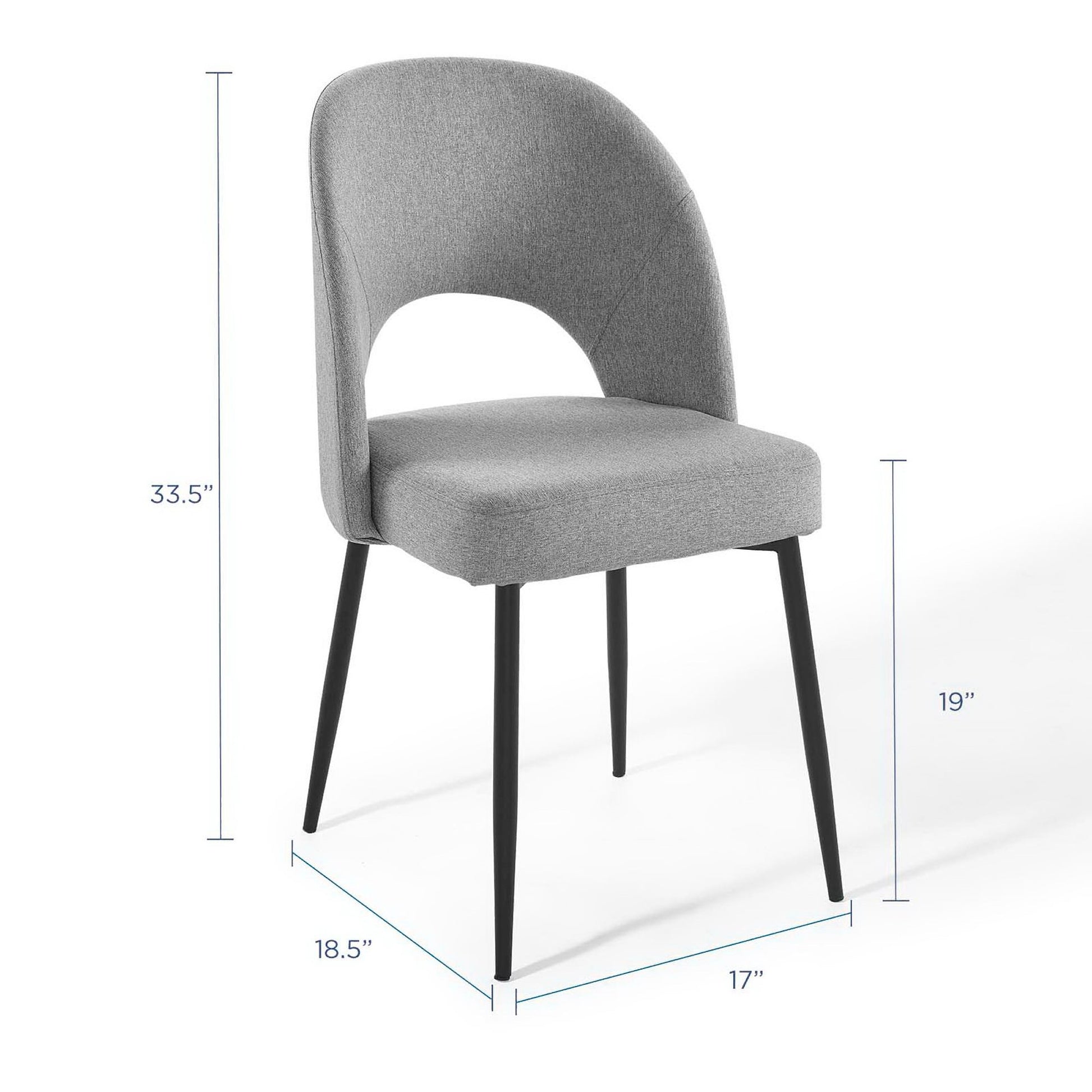 Gray upholstered dining side chair with curved back and open cutout, black tapered legs.