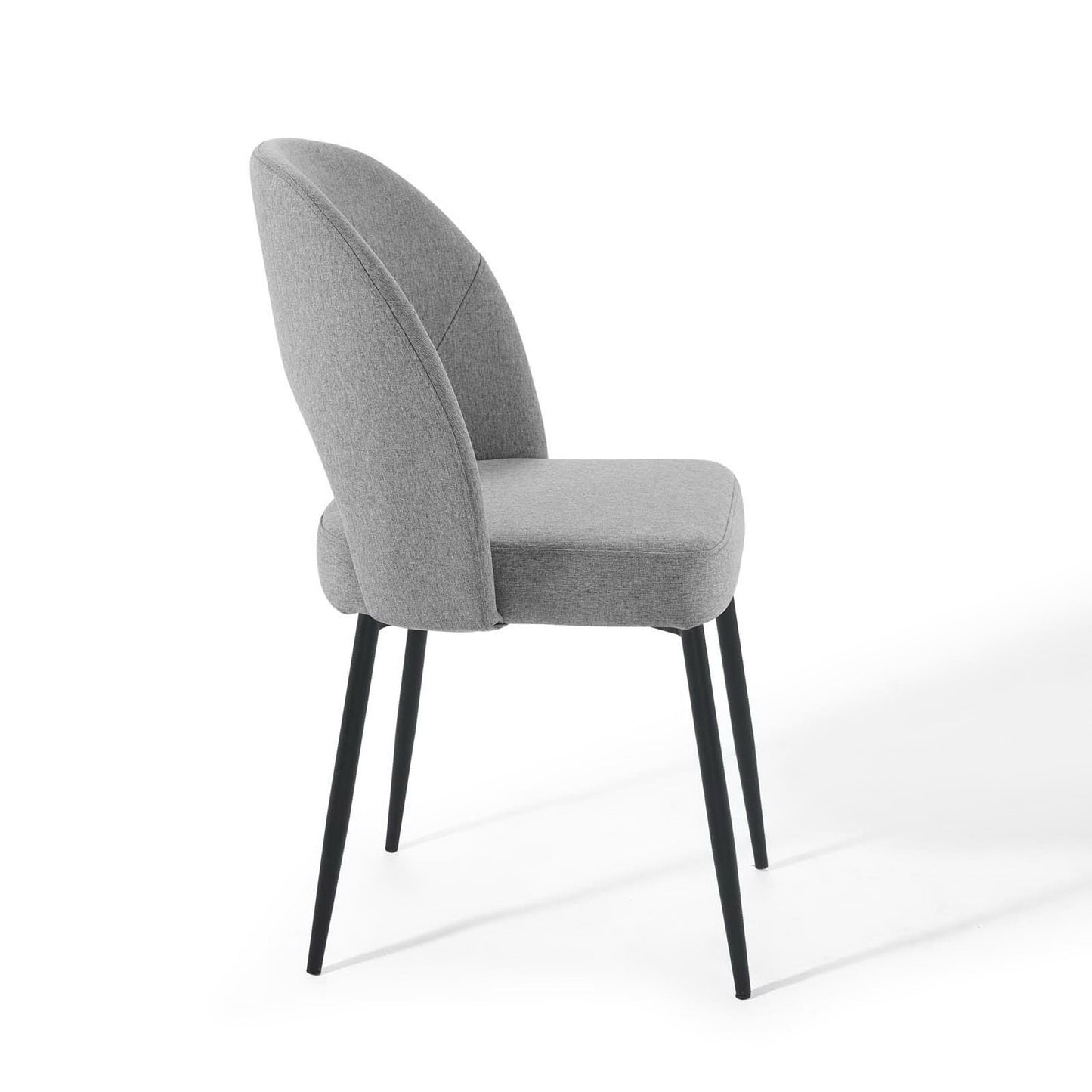 Grey fabric upholstered dining side chair with rounded back, curved arms, and slim black metal legs.