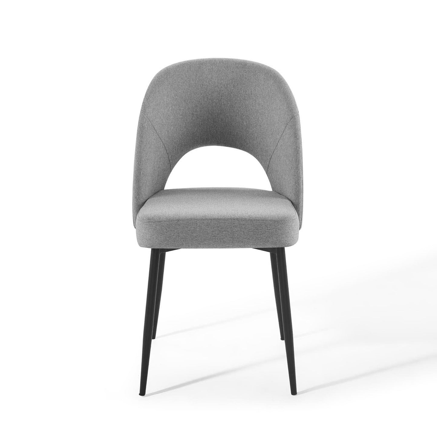 Grey fabric upholstered dining side chair with rounded back and open arm design on black tapered legs.