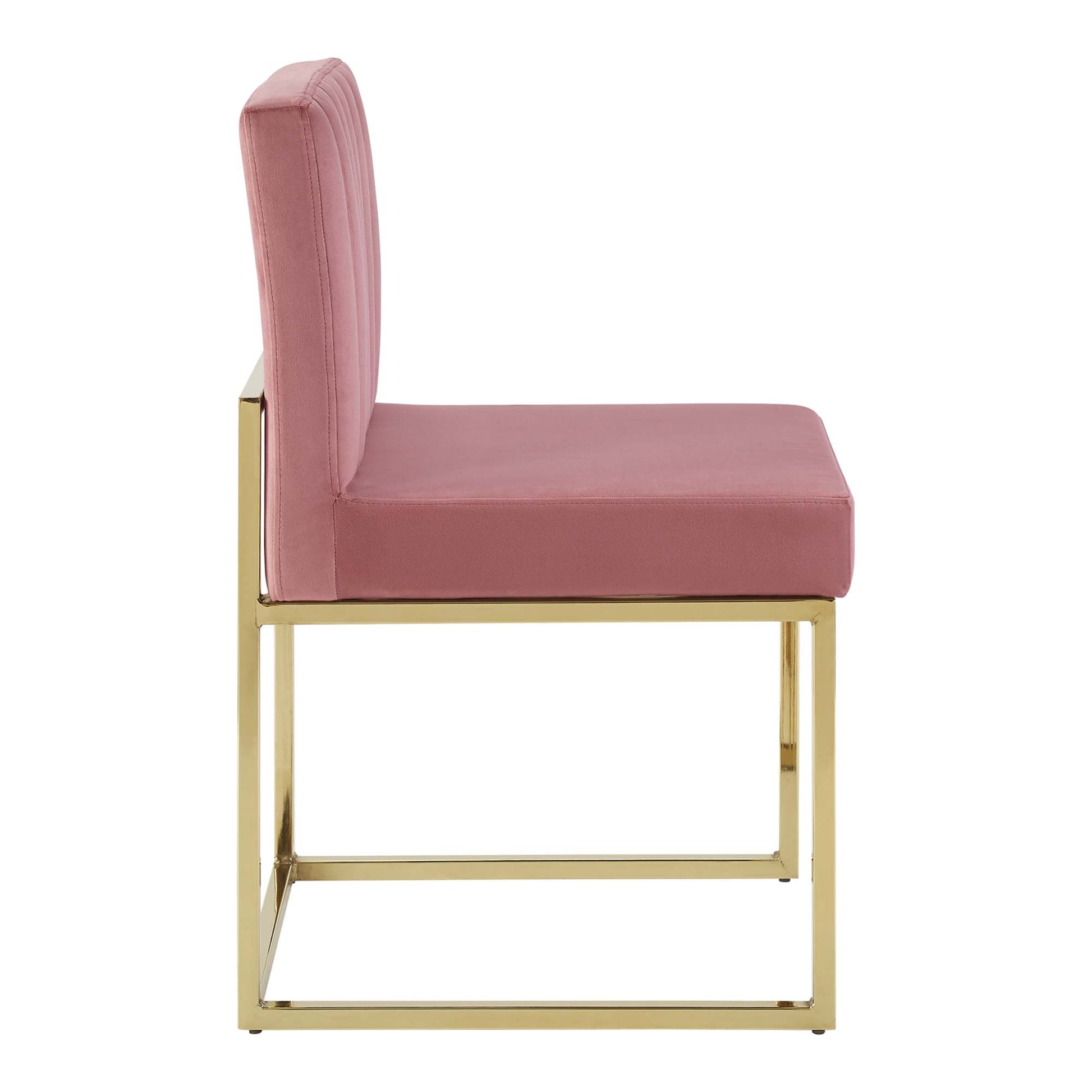 Dusty rose velvet dining chair with a gold metal sled base, tufted back, and cushioned seat.