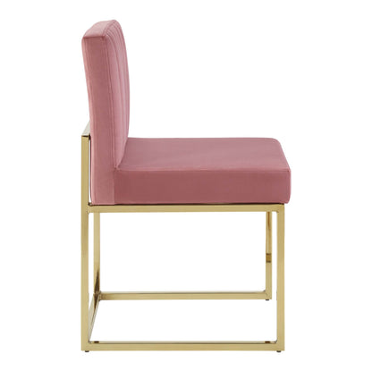Dusty rose velvet dining chair with a gold metal sled base, tufted back, and cushioned seat.