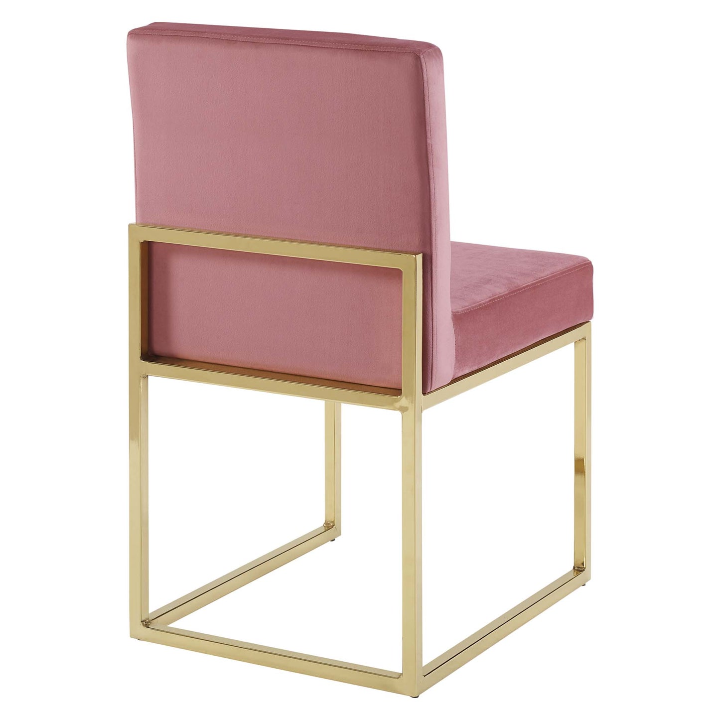 Pink velvet dining chair with a gold sled base.