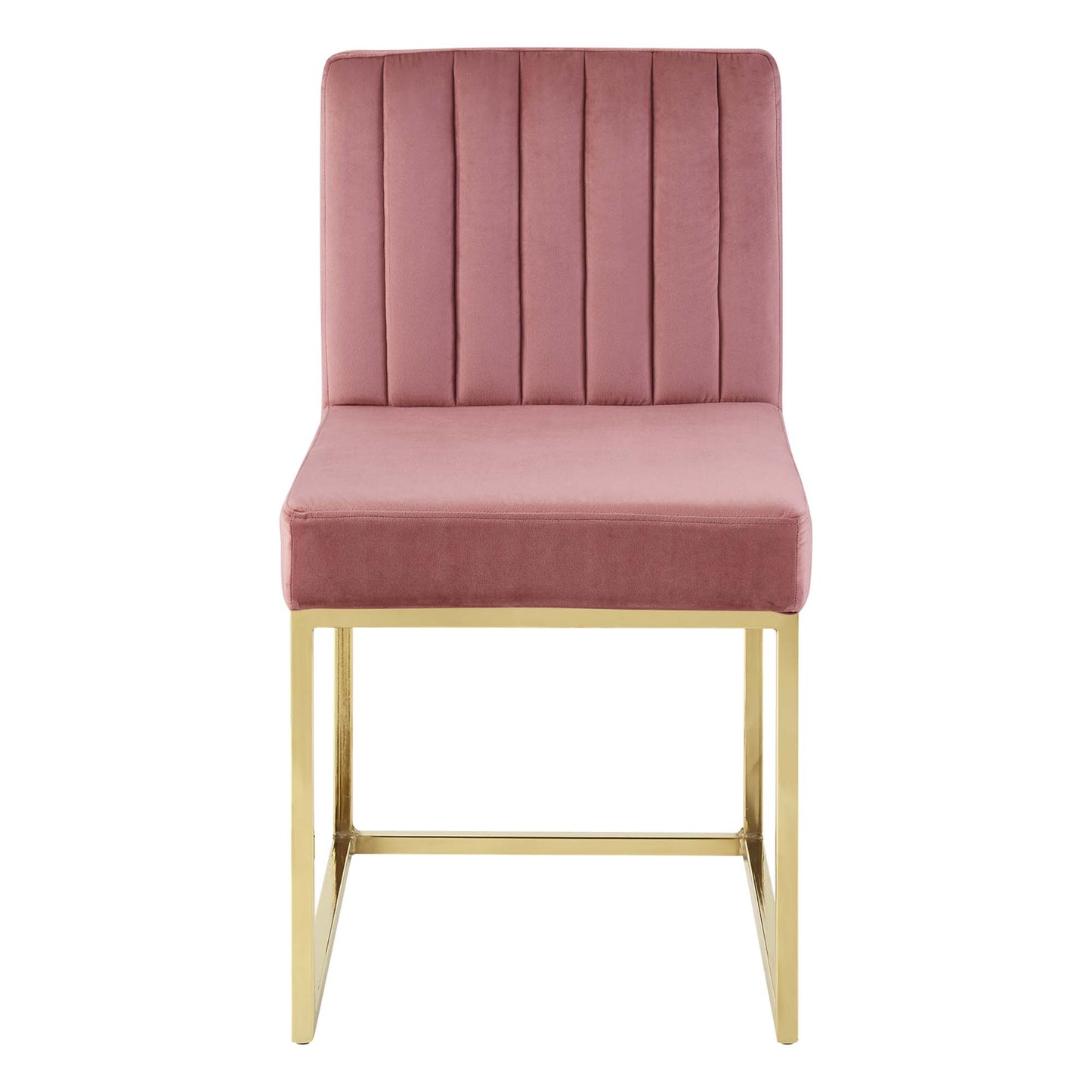 Dusty rose velvet dining chair with a tall channel-tufted back and a gold metal sled-base frame.