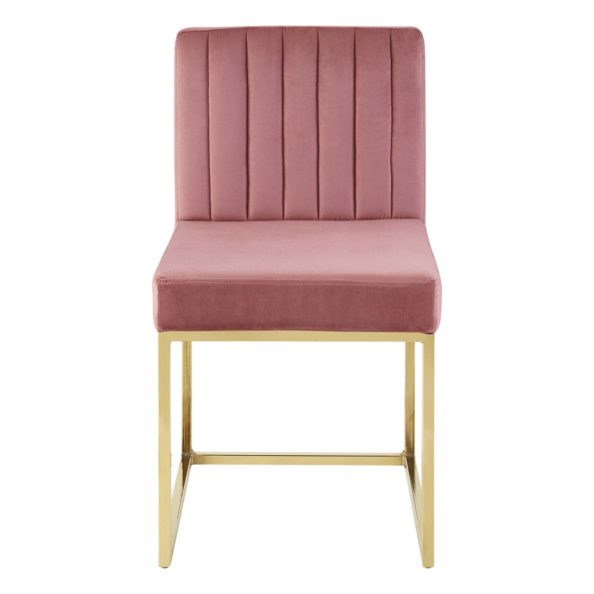 Dusty rose velvet dining chair with a tall channel-tufted back and a gold metal sled-base frame.