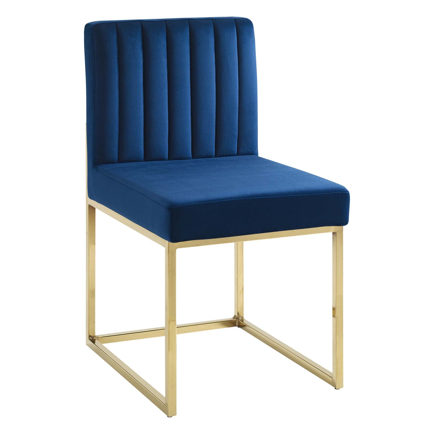 Navy blue velvet dining chair with vertical channel tufting and a gold metal frame