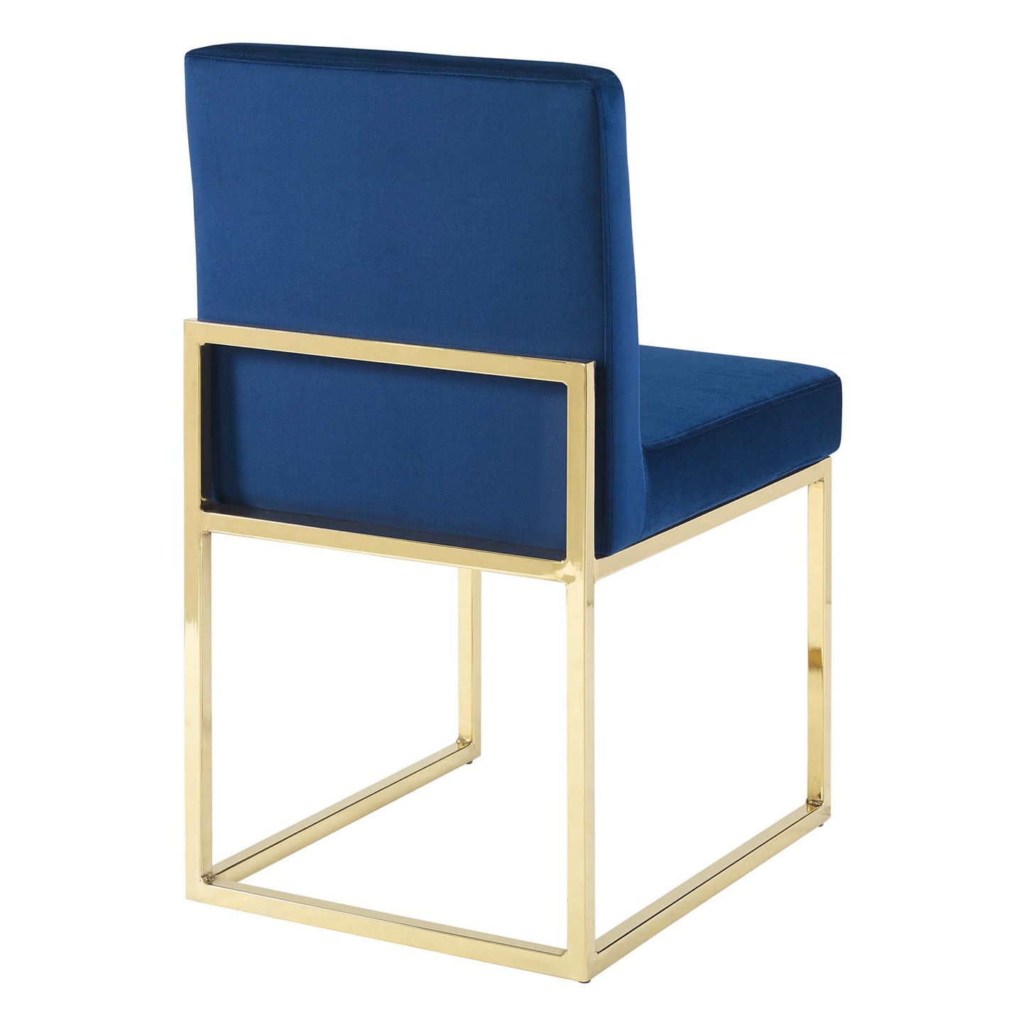 Navy velvet upholstered dining chair with a gold metal sled base.