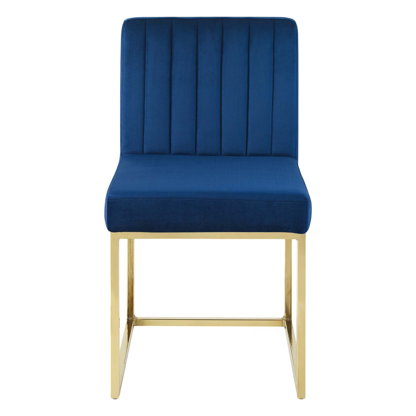 Navy blue velvet chair with vertical channel back and gold metal frame.
