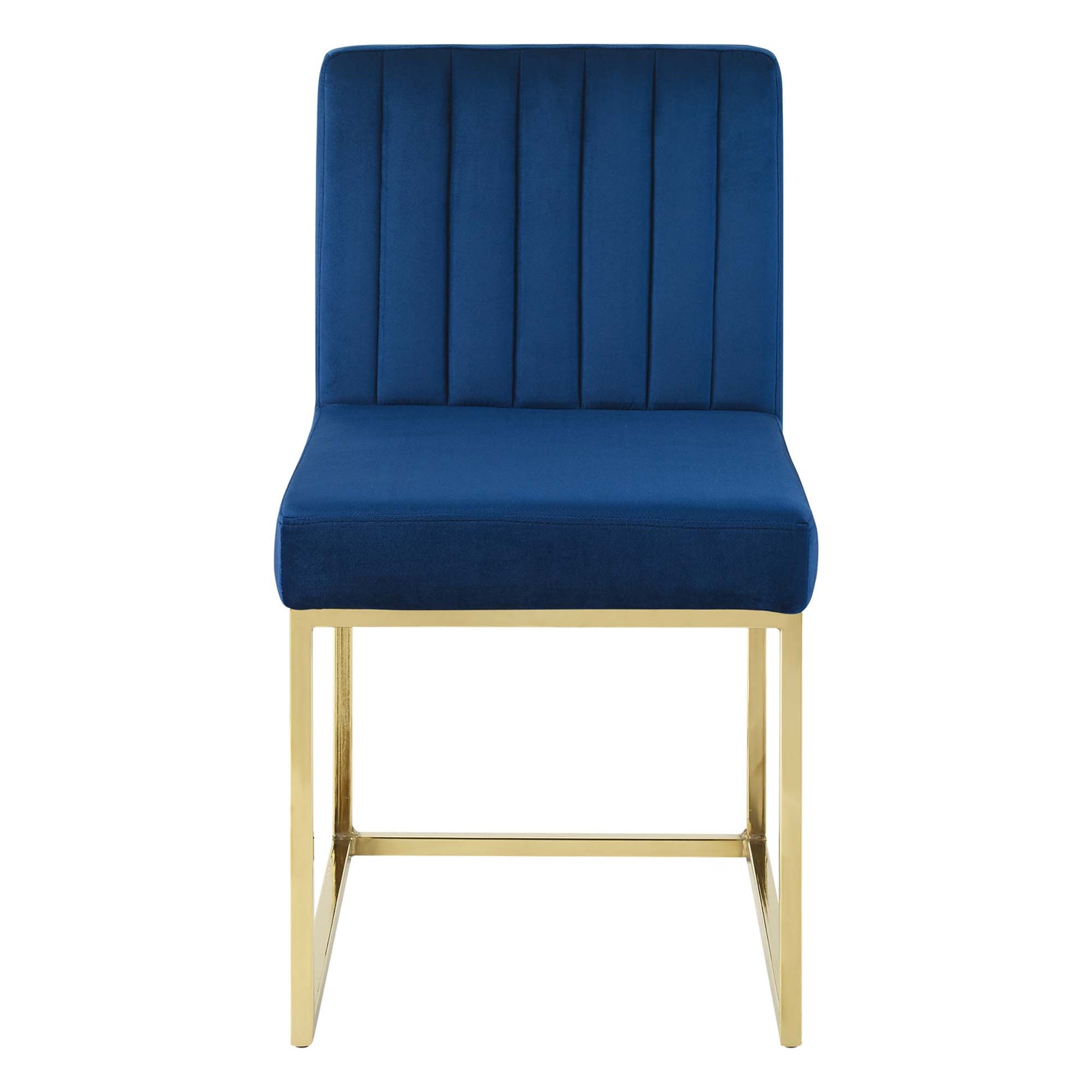 Navy blue velvet chair with vertical channel back and gold metal frame.