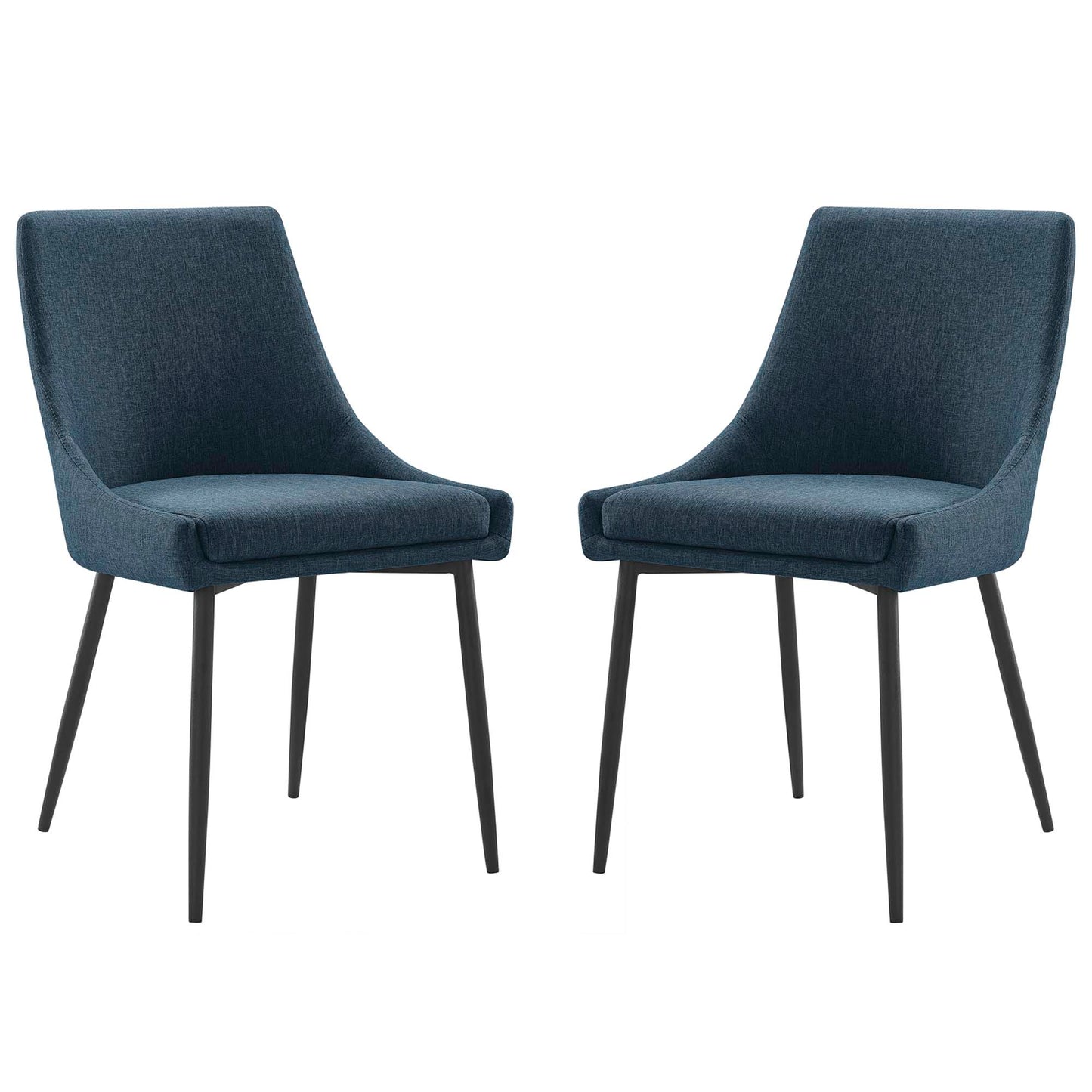 Pair of navy blue upholstered dining chairs with curved backs and slim black metal legs.