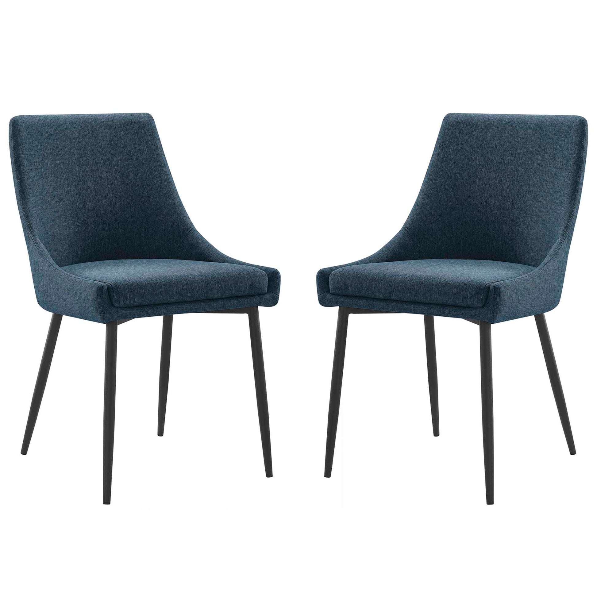 Pair of navy blue upholstered dining chairs with curved backs and slim black metal legs.