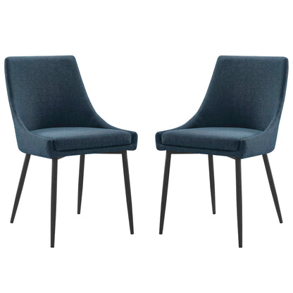Pair of navy blue upholstered dining chairs with curved backs and slim black metal legs.