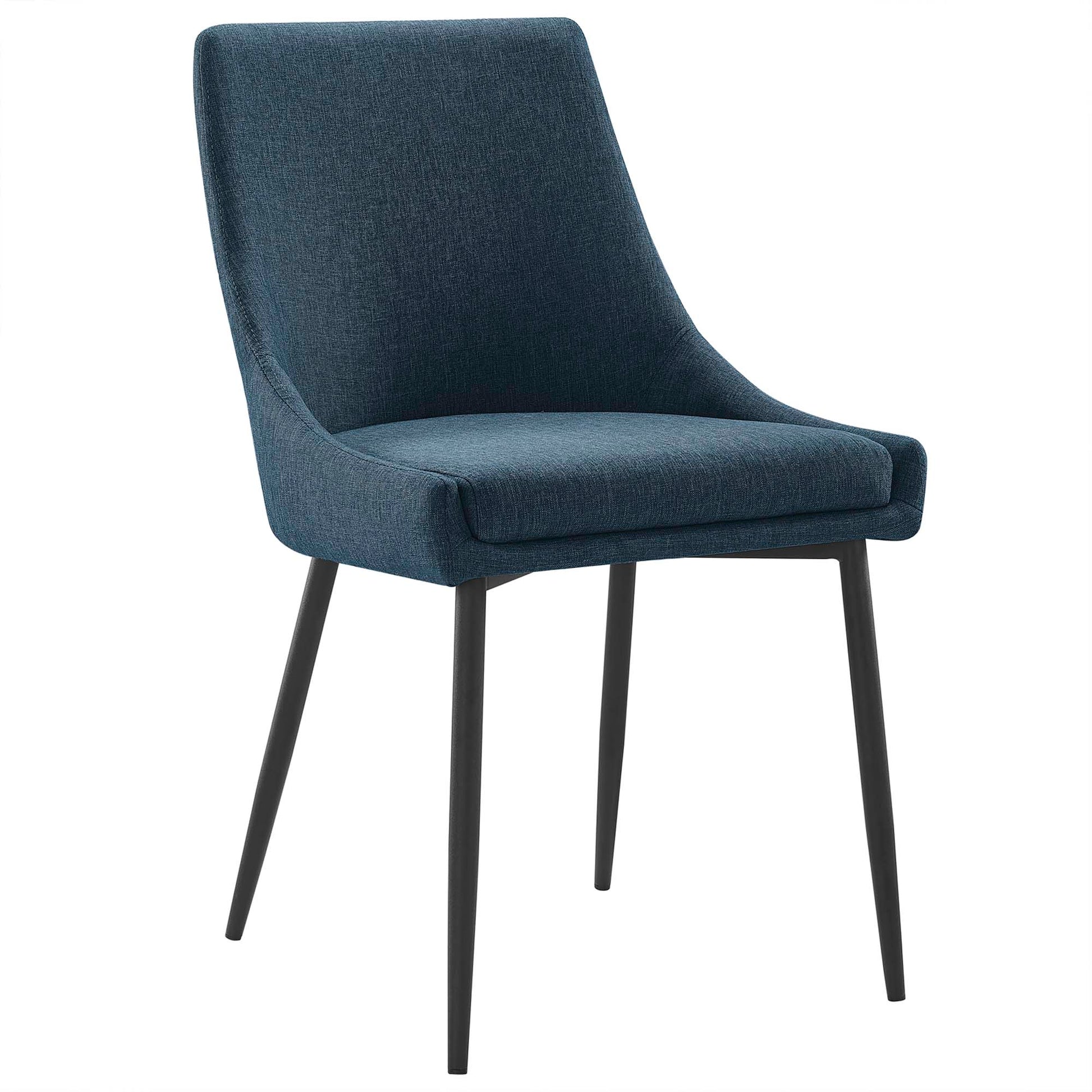 Blue fabric upholstered dining chairs with curved backs and slim black metal legs, set of 2.