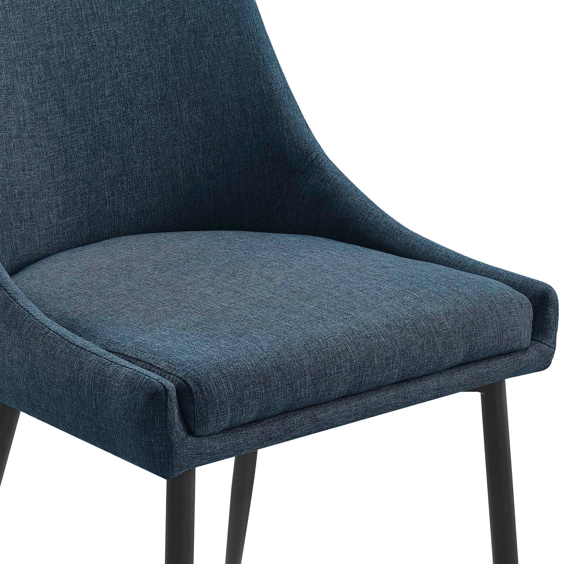 Blue denim-like upholstered dining chairs with curved backs, cushioned seats and dark legs (set of 2)