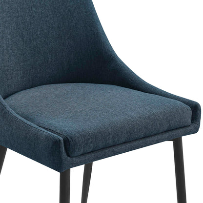 Blue denim-like upholstered dining chairs with curved backs, cushioned seats and dark legs (set of 2)