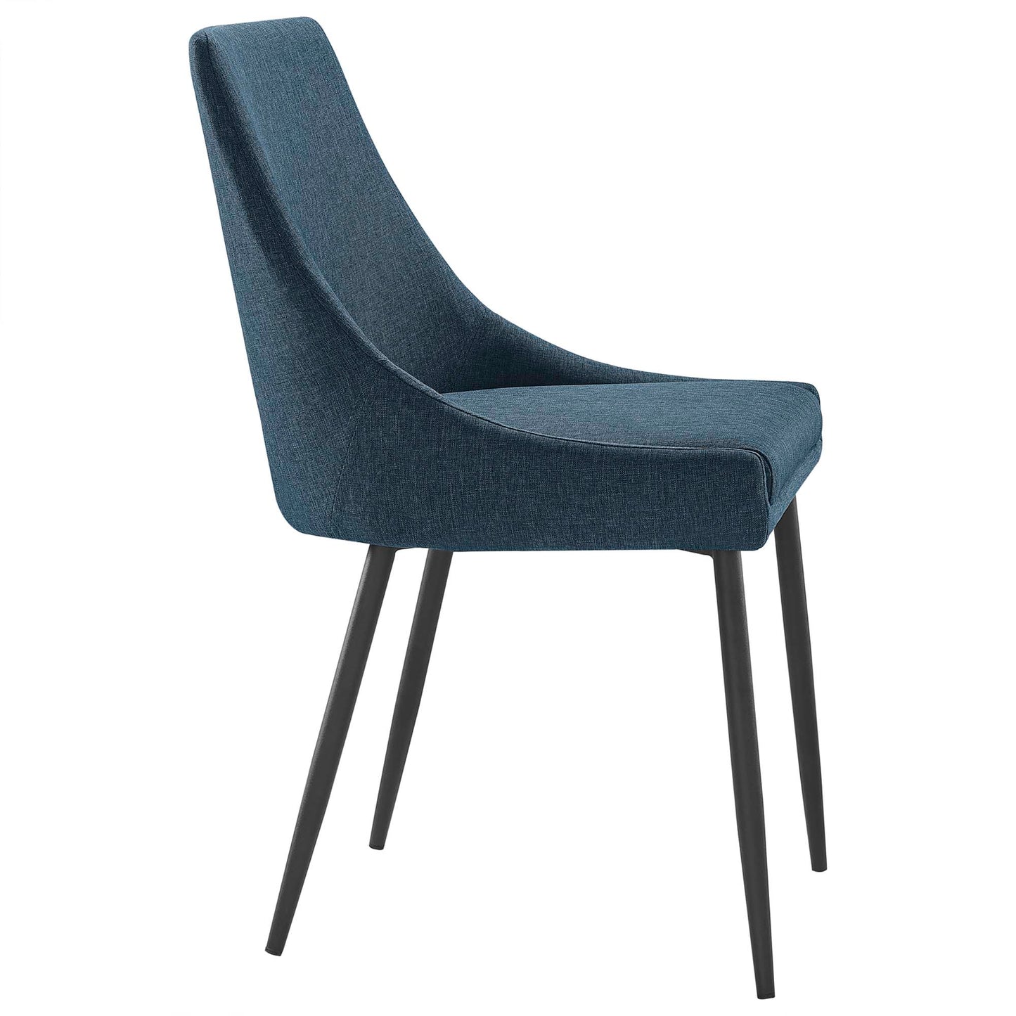 Blue fabric upholstered dining chairs with curved backs and slender black tapered legs (set of 2).