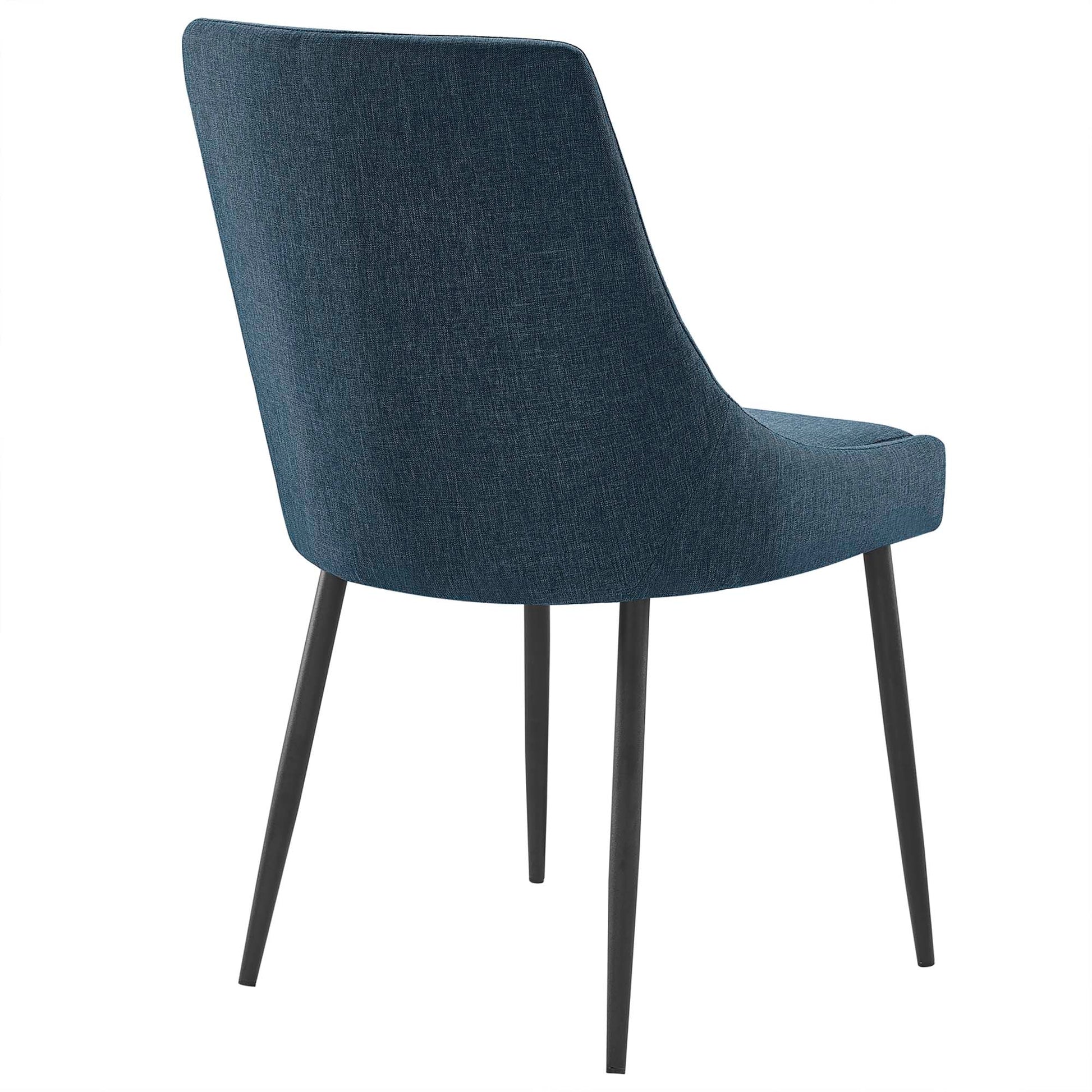 Blue fabric-upholstered dining chairs (set of 2) with curved backs and black tapered legs, mid-century modern style.