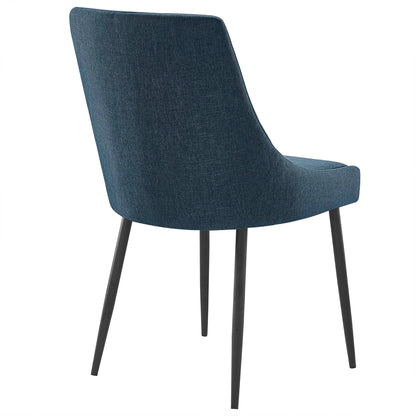 Blue fabric-upholstered dining chairs (set of 2) with curved backs and black tapered legs, mid-century modern style.