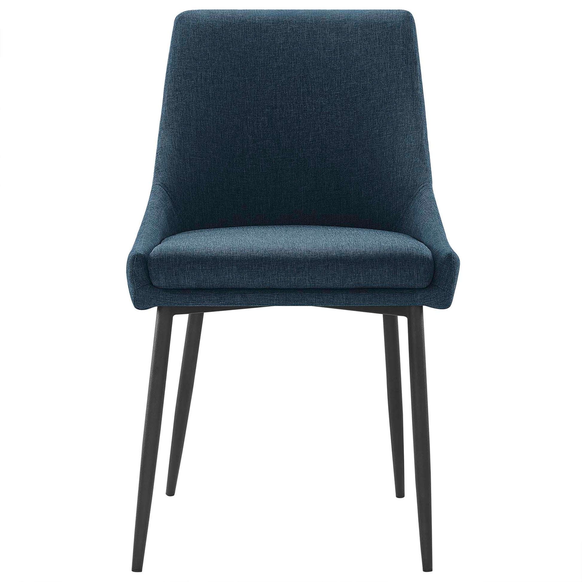 Azure blue fabric upholstered dining chairs with high backs, cushioned seats and black tapered legs (set of 2)