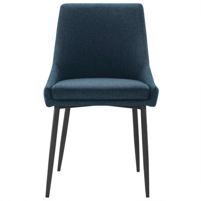 Azure blue fabric upholstered dining chairs with high backs, cushioned seats and black tapered legs (set of 2)