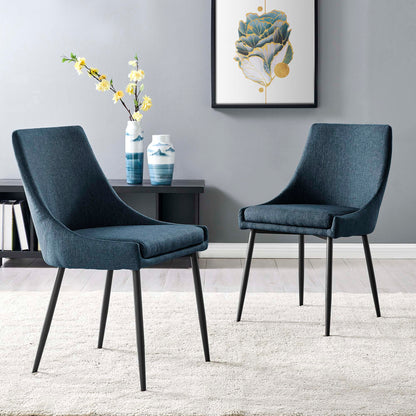 Pair of blue upholstered dining chairs with black metal legs