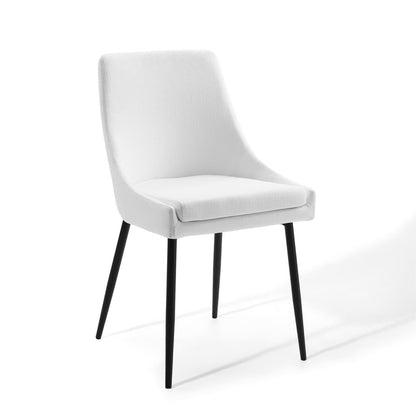 White upholstered dining chairs with curved backs and cushioned seats on black slender legs (set of 2).