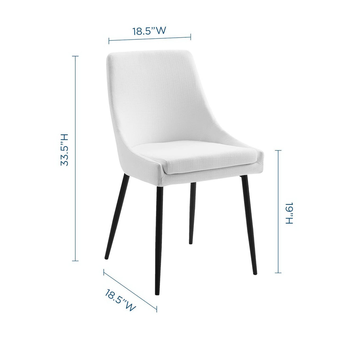 White fabric-upholstered dining chairs with curved backs and black tapered legs; modern, comfortable seating (set of 2)