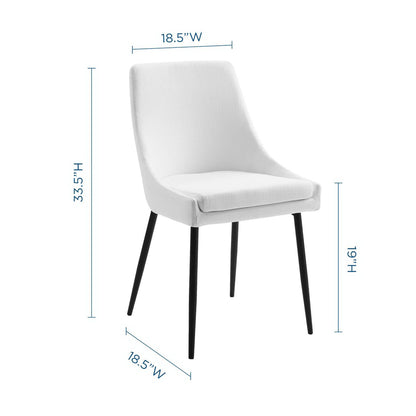 White fabric-upholstered dining chairs with curved backs and black tapered legs; modern, comfortable seating (set of 2)