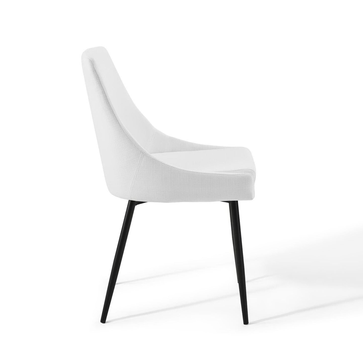 White upholstered dining chairs (set of 2) with curved backs and black tapered legs, mid-century style.