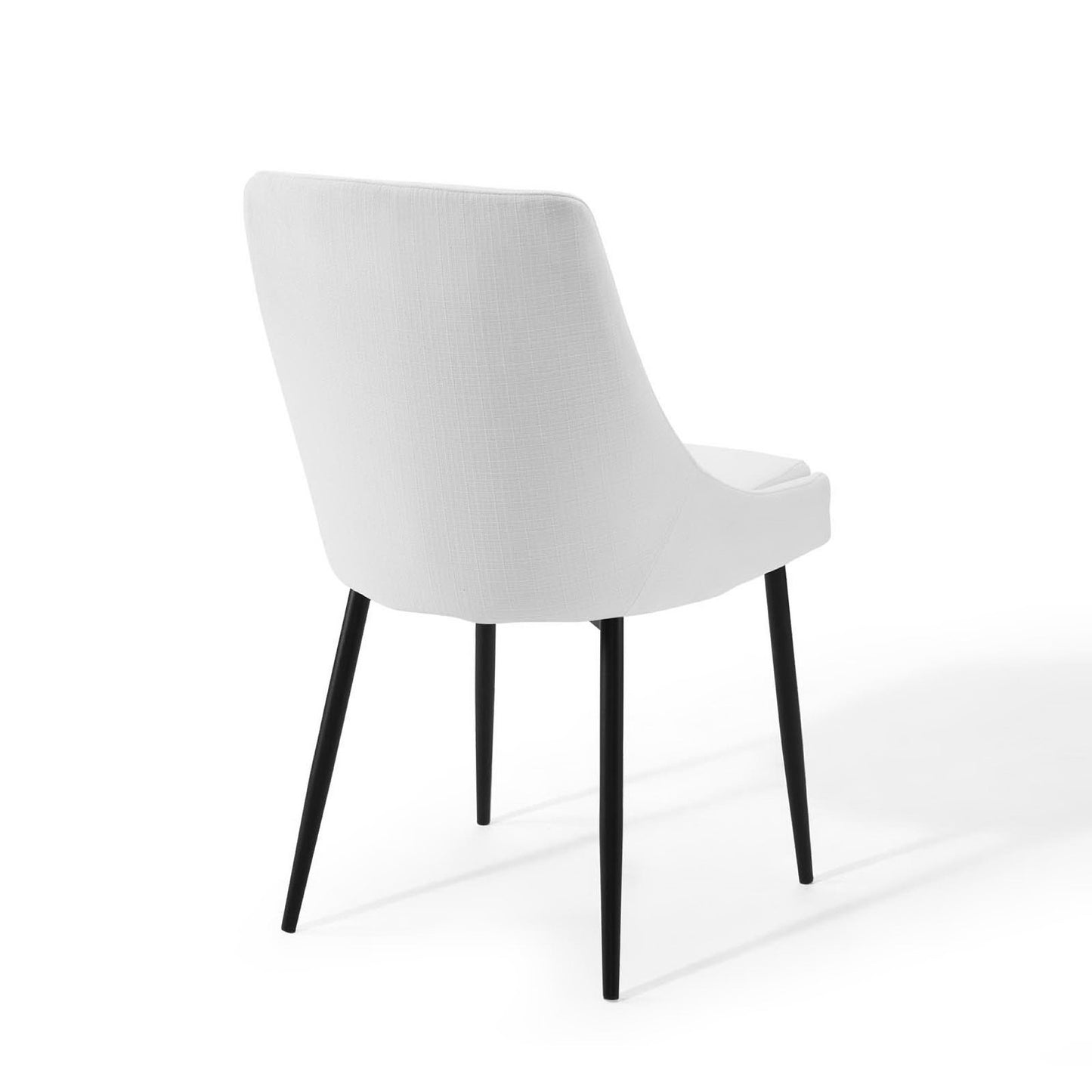 White upholstered dining chairs, set of 2, with curved backs and black tapered legs.