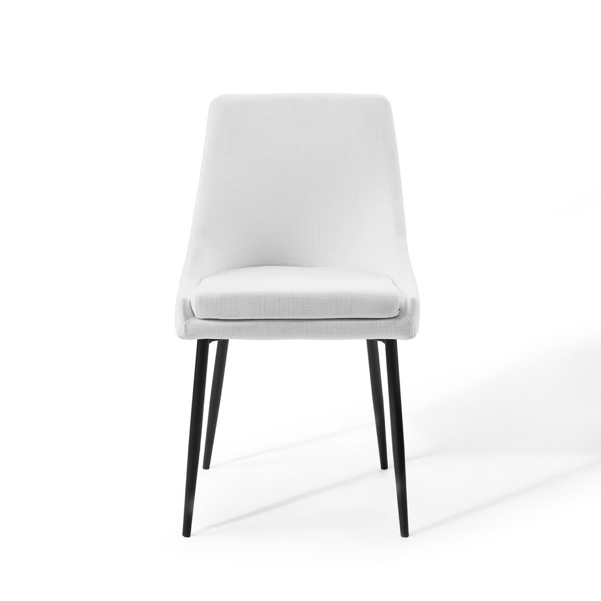 White fabric upholstered dining chairs with black tapered metal legs, set of 2, mid-century modern.