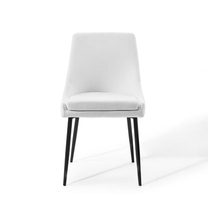 White fabric upholstered dining chairs with black tapered metal legs, set of 2, mid-century modern.