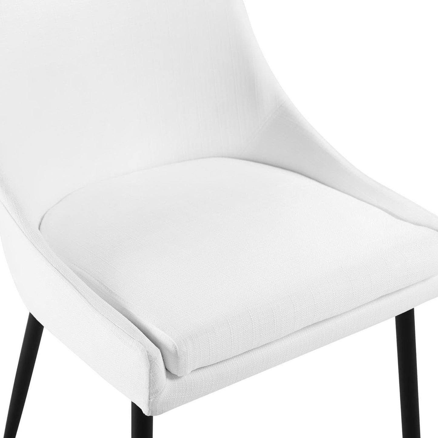 White upholstered chair with curved back, cushioned seat and black metal legs; modern mid-century dining chair.