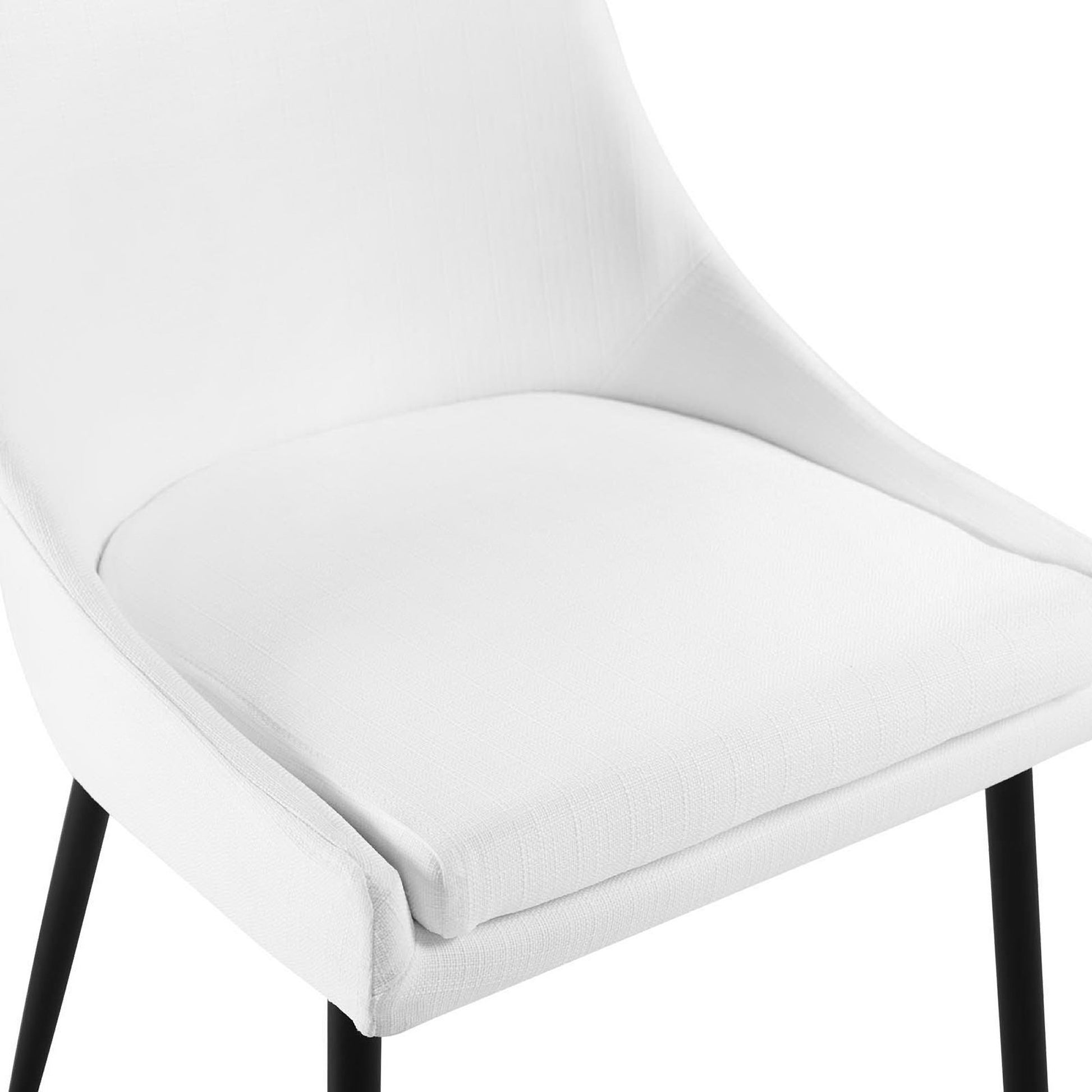 White upholstered chair with curved back, cushioned seat and black metal legs; modern mid-century dining chair.