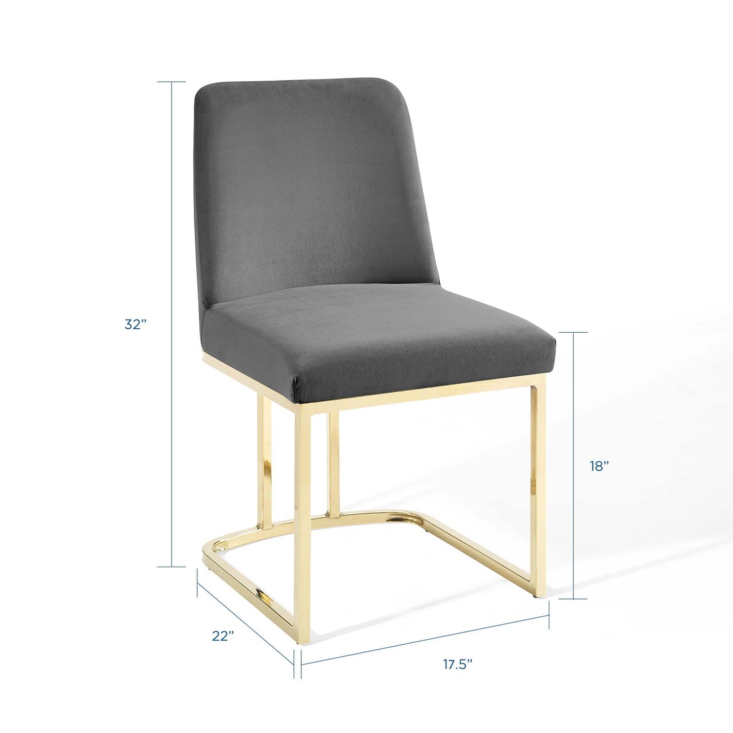 Gray upholstered dining chair with a gold-tone sled-base frame, modern minimalist style.