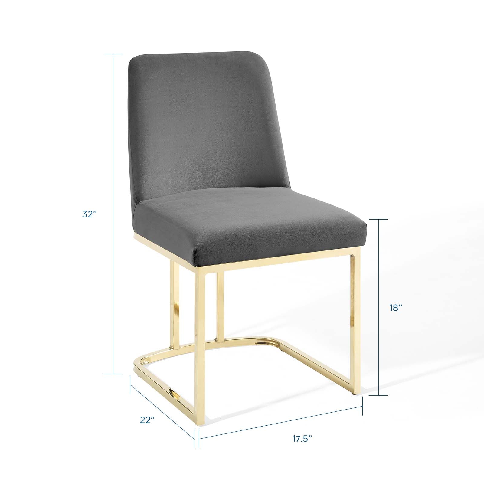 Gray upholstered dining chair with a gold-tone sled-base frame, modern minimalist style.
