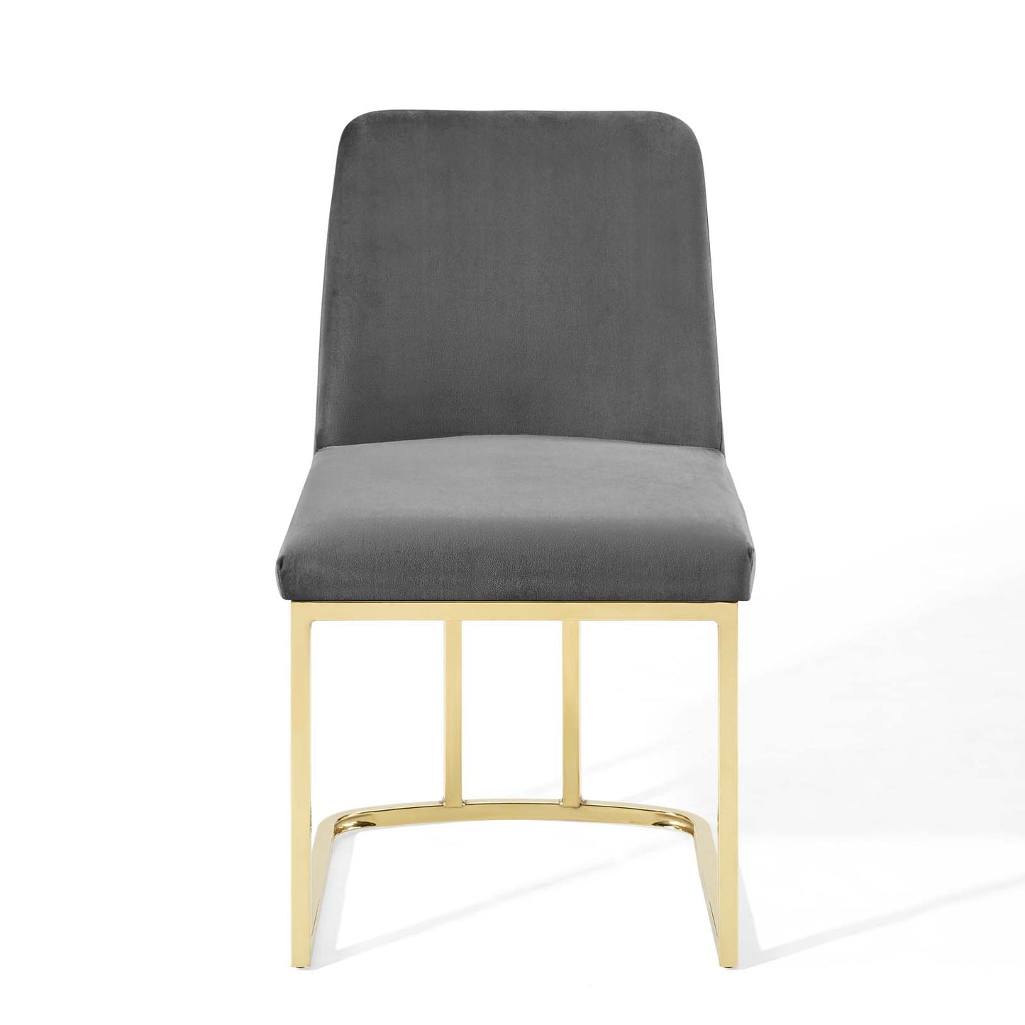 Gold metal-framed dining chair with charcoal gray velvet upholstered seat and back, modern minimalist style.