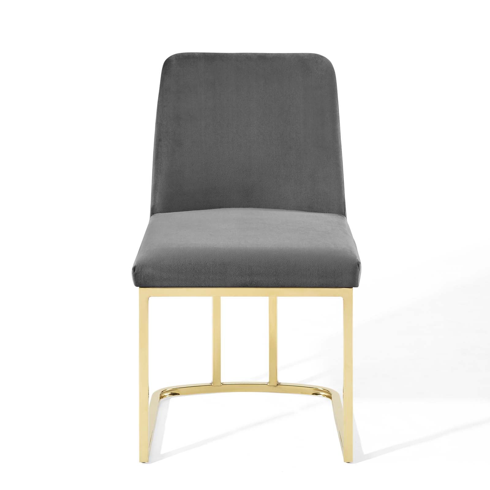 Gold metal-framed dining chair with charcoal gray velvet upholstered seat and back, modern minimalist style.