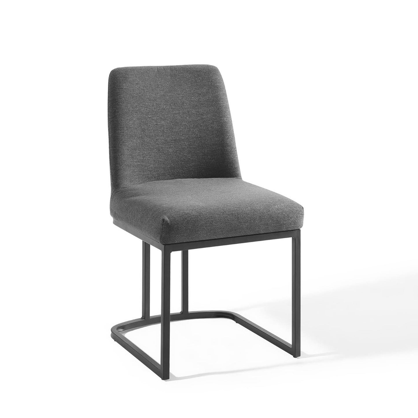Gray upholstered dining side chair with black metal sled base, modern minimalist style.
