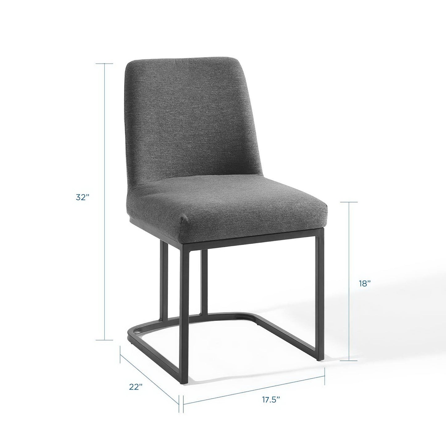 Dark gray upholstered dining chair with black metal sled base; contemporary, curved back, 32" tall, 18" seat height.
