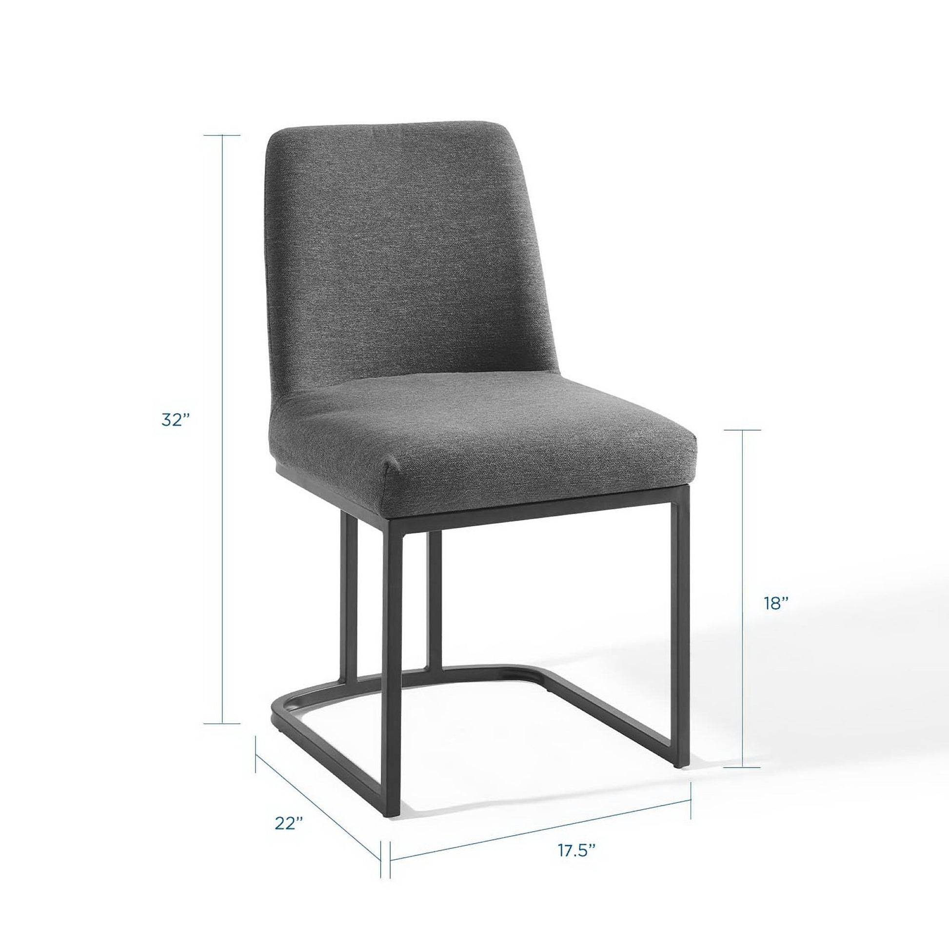 Dark gray upholstered dining chair with black metal sled base; contemporary, curved back, 32" tall, 18" seat height.
