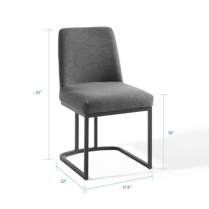 Dark gray upholstered dining chair with black metal sled base; contemporary, curved back, 32" tall, 18" seat height.