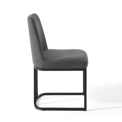Grey fabric dining side chair with padded back and seat, black sled-base metal frame, modern minimalist design.