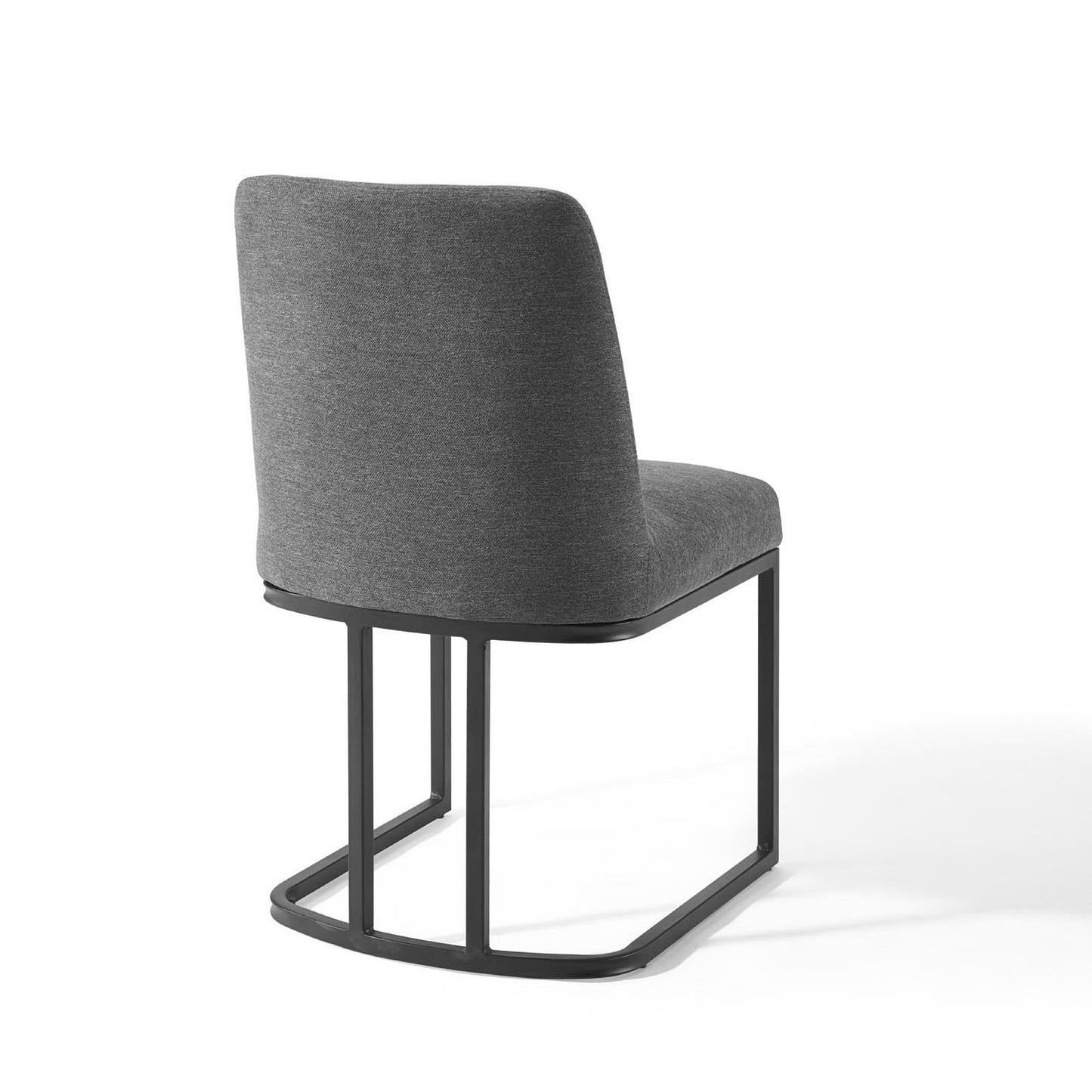 Gray fabric upholstered dining side chair with a black sled base; modern seating.