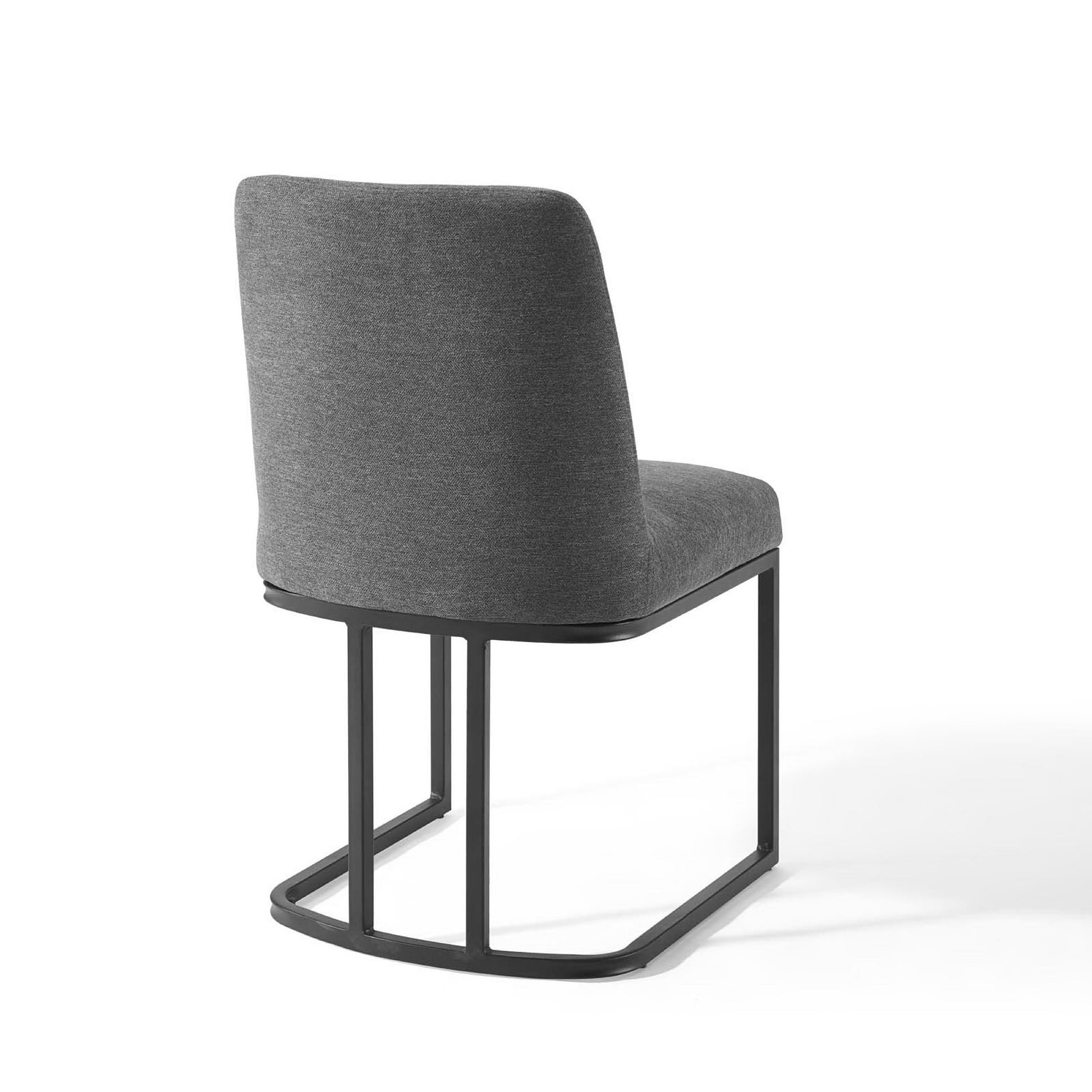 Gray fabric upholstered dining side chair with a black sled base; modern seating.