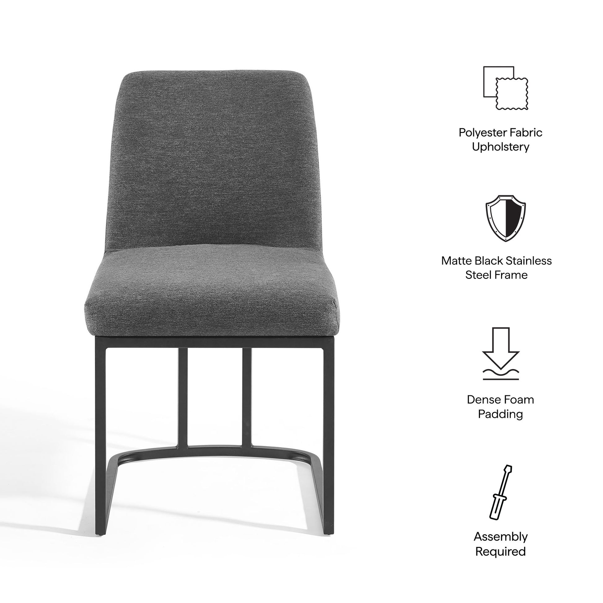 Gray polyester fabric upholstered dining side chair with a matte black sled-base frame; assembly required.