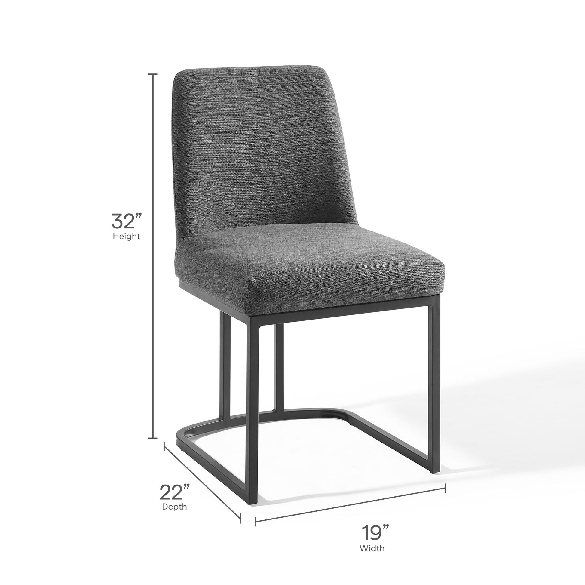 Dark gray fabric upholstered chair with black metal sled base; modern dining chair, 32'H x 19"W x 22"D.
