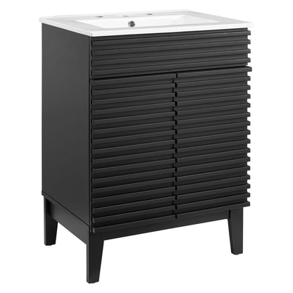 Black ribbed bathroom vanity with white rectangular sink top and tapered legs; two-door louvered slat cabinet.
